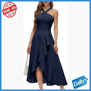 Halter Maxi Cocktail Dress with Ruffled Hem for Formal Events